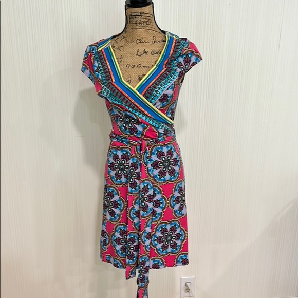 Nicole by Nicole Miller Flutter Sleeve Wrap Dress in Pink and Red - Picture 1 of 9